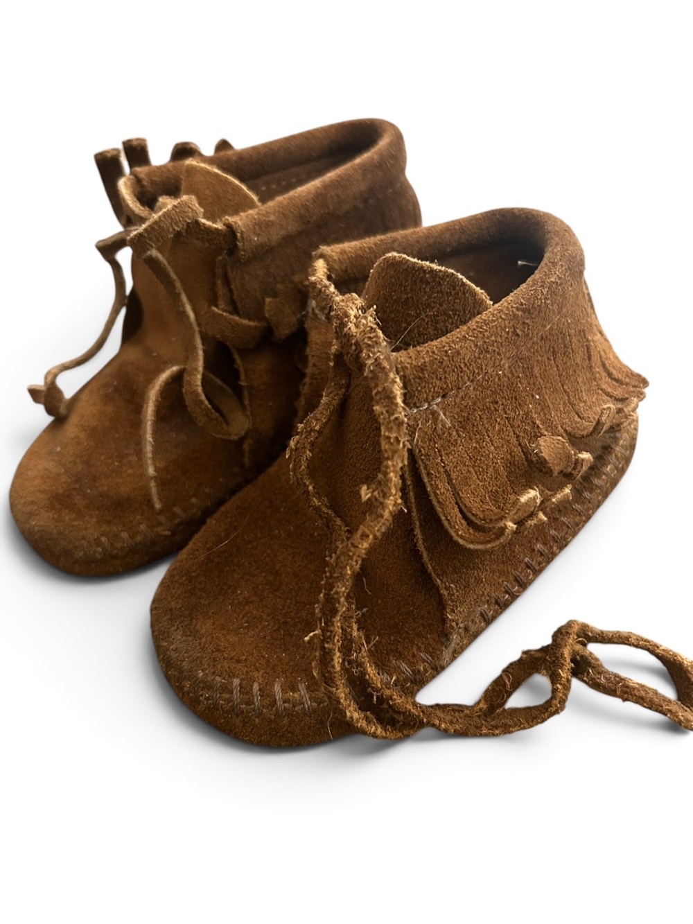 Vintage 7.5 Toddler Brown Suede Moccasin Booties with Fringe